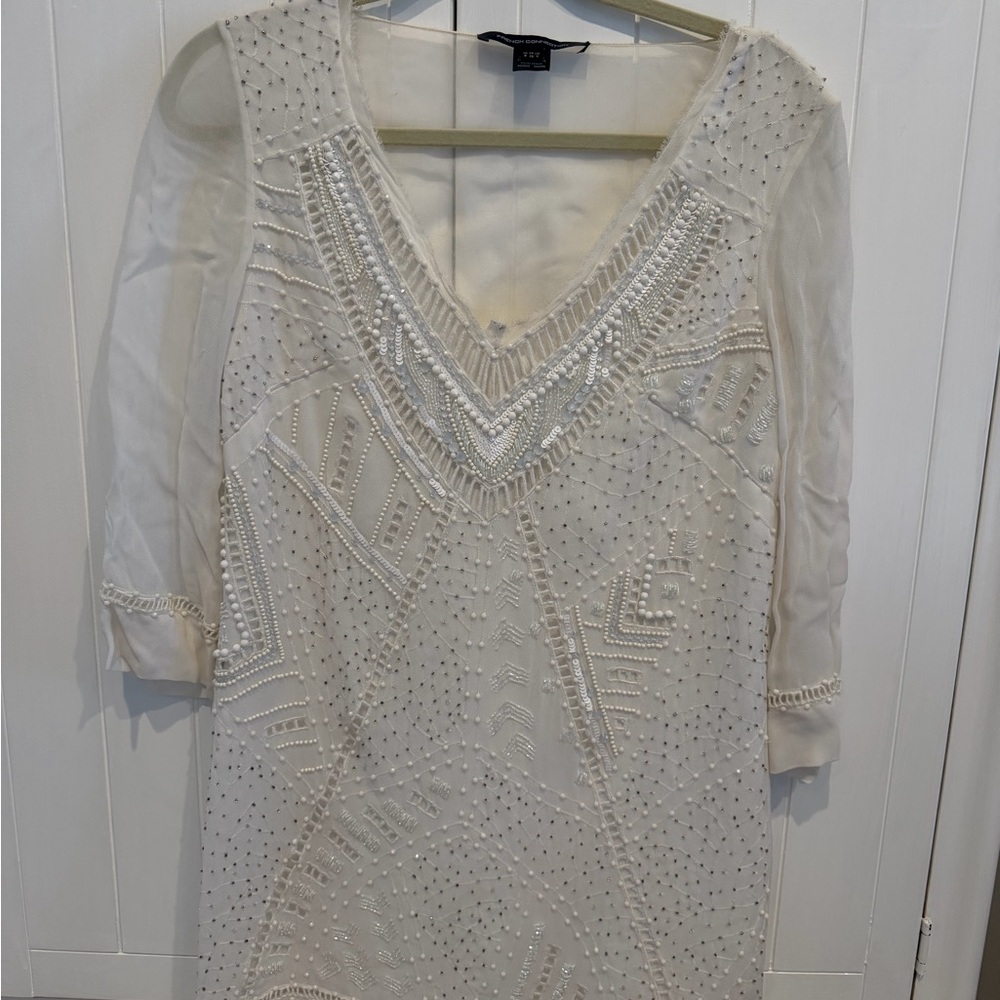 French Connection Ivory Beaded V-Neck Dress